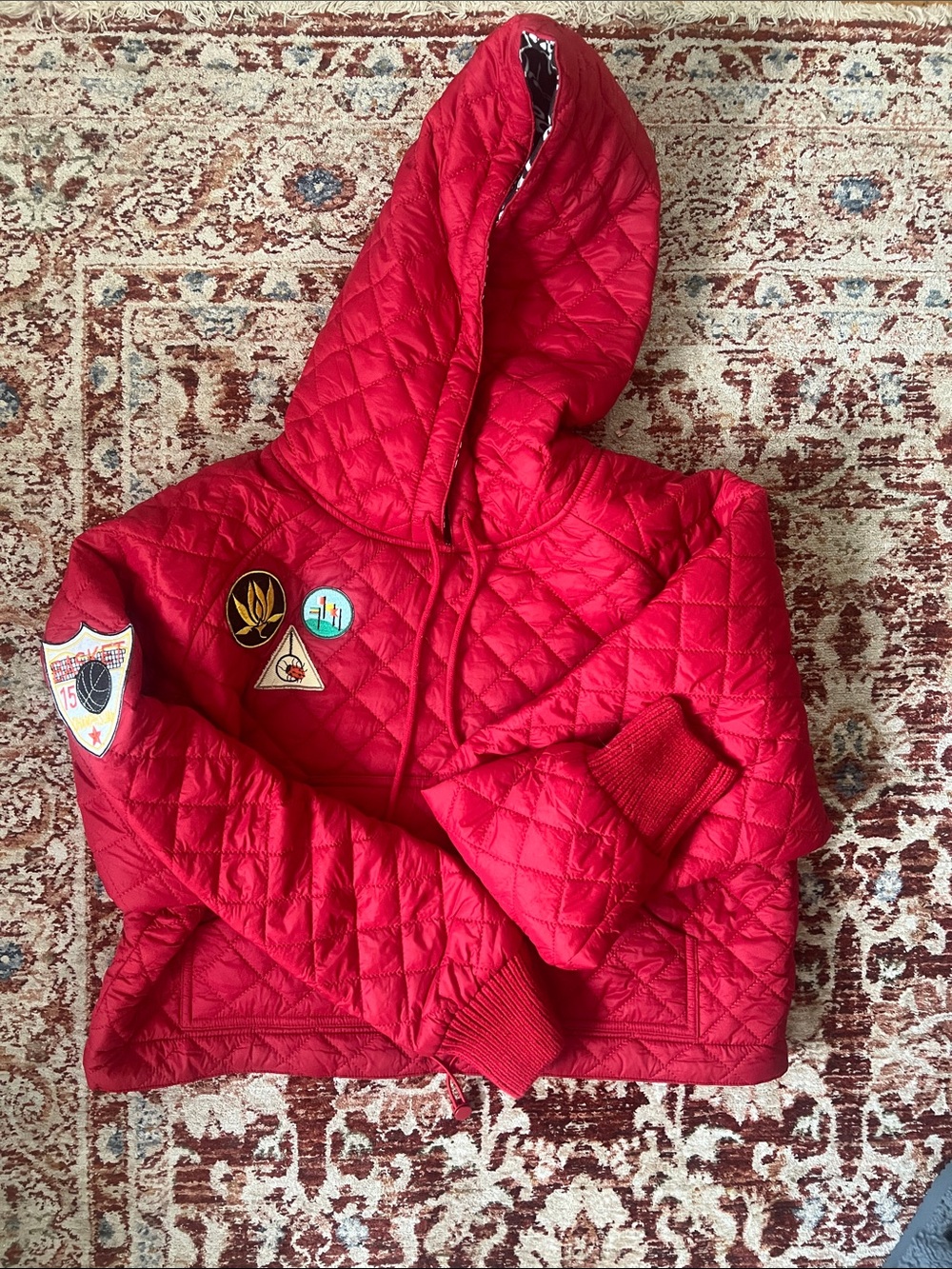 Desigual Quilted Red Hoodie with Badge Accents
